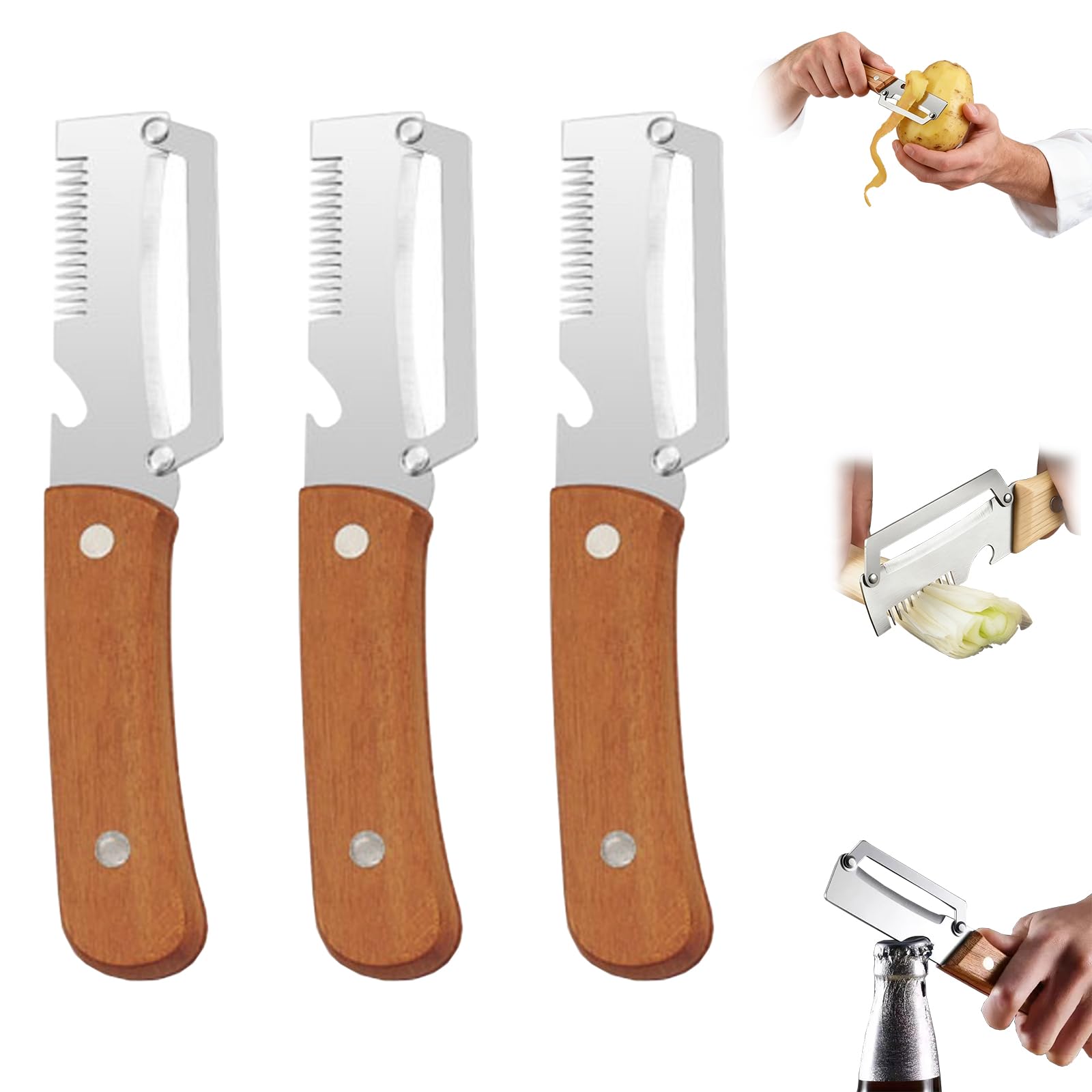 Vegetable Peeler Multifunctional, Potato Peeler (Sbucciare + Tagliare A Julienne) 2Pc, Stainless Steel Peeler with A Wooden Handle, Peeler Opener for Kitchen, Camping & Home Use (B(3PC))