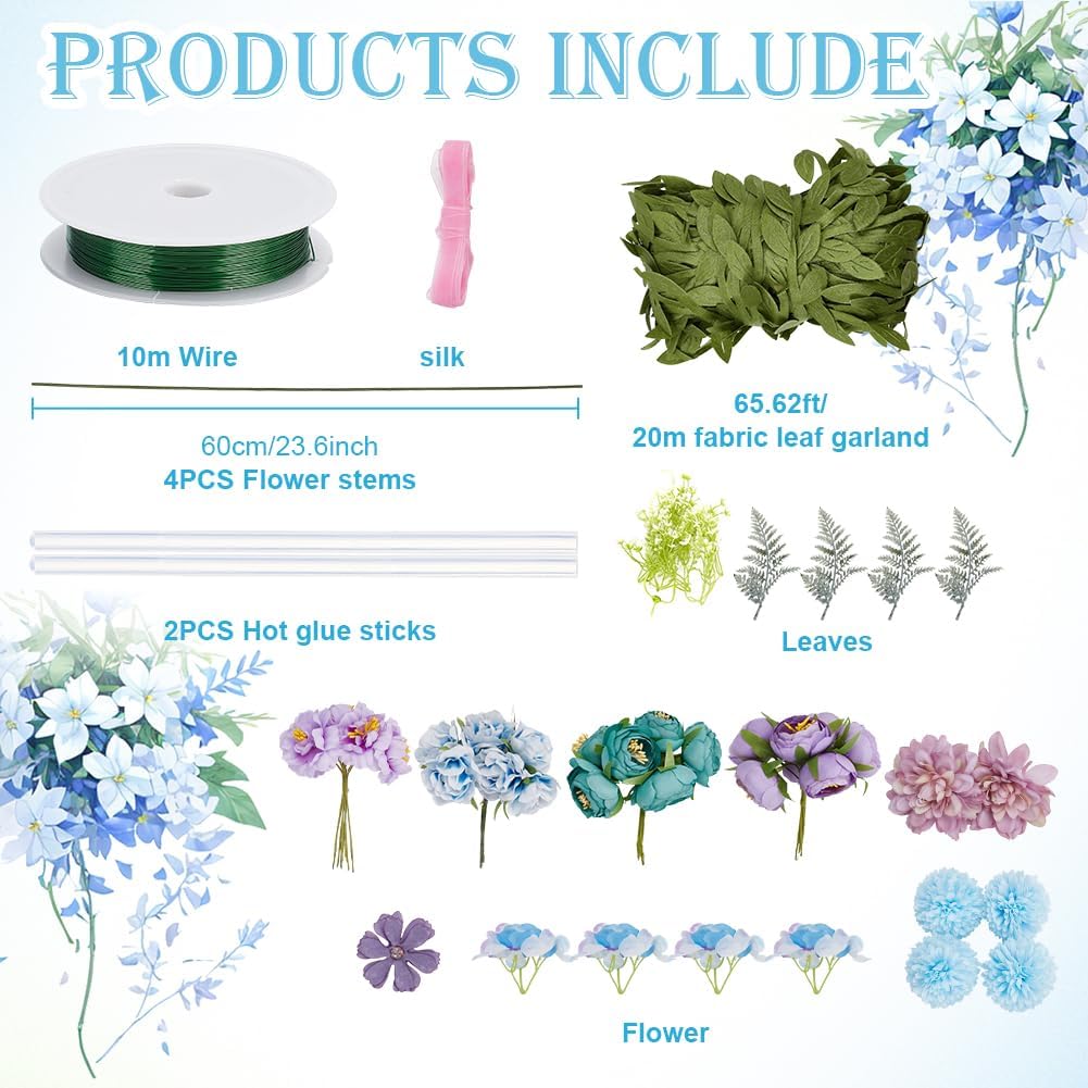 INFUNLY 113pcs/Set Blue Purple DIY Flower Crowns Kit Women Girls DIY Headband Flower Wreath Handmade Floral Bridal Headpiece Hair Accessories for Wedding Birthday Party Prop