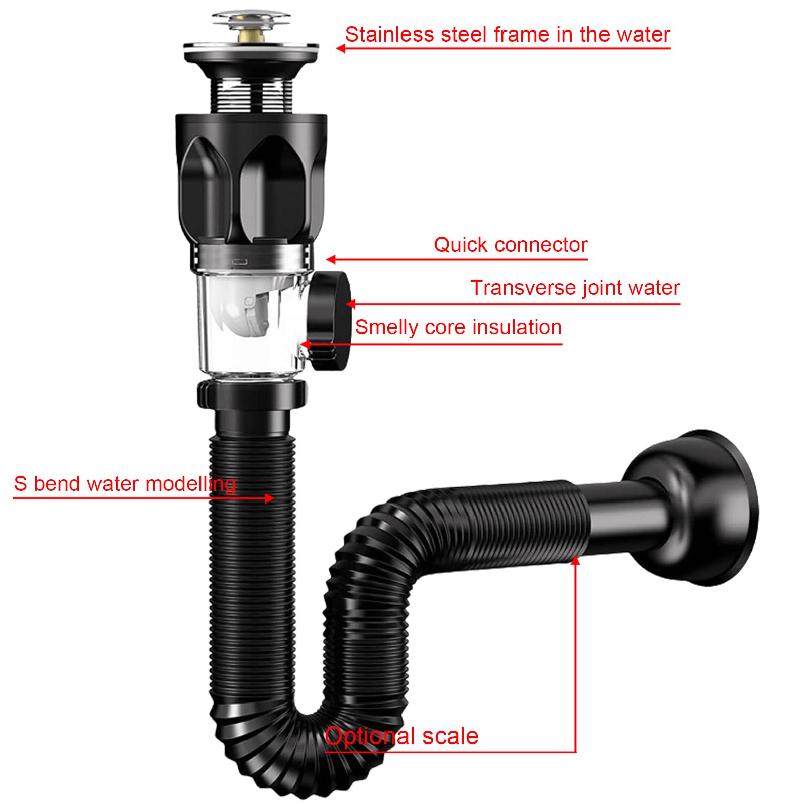 Kit Scarico Per Lavandino Con Tubo Flessibile Retrattile - Anti Odore E Insetti, Diametro 32mm, Nero