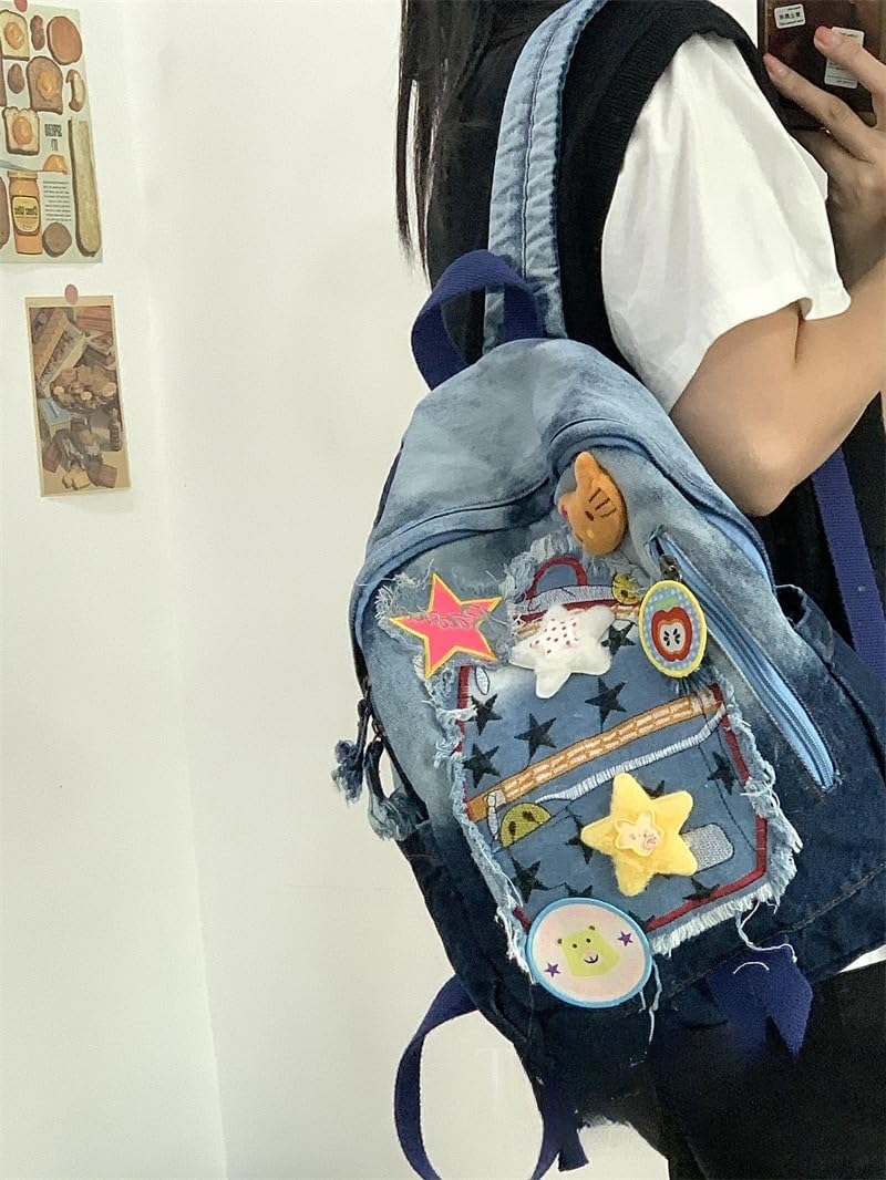 Denim Dayback Y2k Aesthetic Cute Backpack Large Capacity Large Capacity Backpack kawaii (Denim)