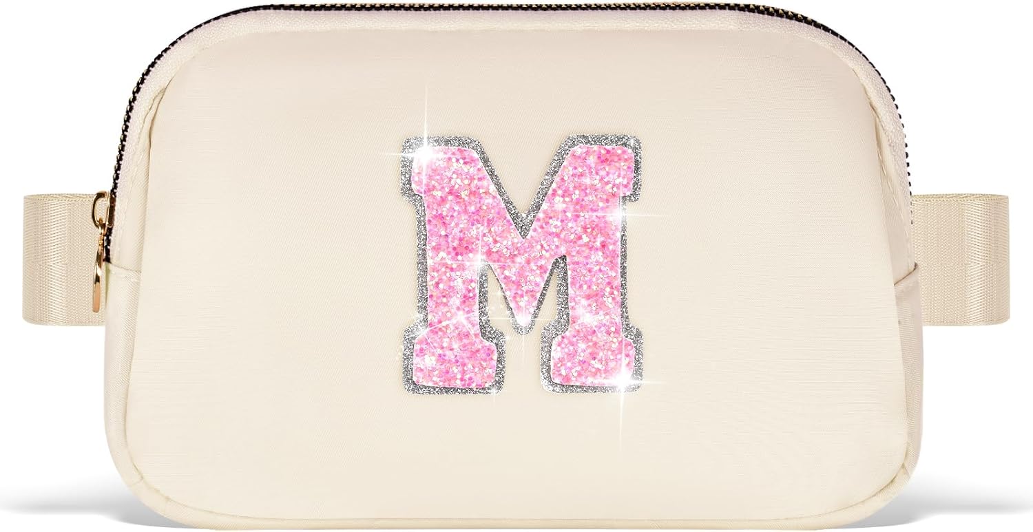 Fanny Pack Belt Bag Crossbody Bags with Initials Letter Patch Trendy Stuff for Teens Cute Stuff Birthday Gifts for Teenager Girls | Khaki,Initial M Khaki M