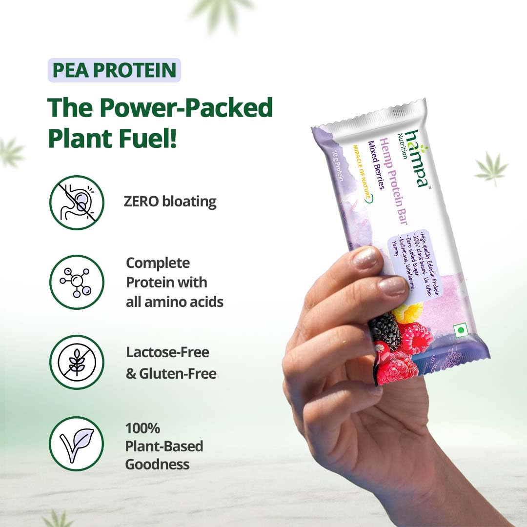 Hampa Ganja Protein Bar 50 G | Mixed berries taste | 10G plant protein | No whey, vegetarian friendly. No pair of sugar, sweet with dates. Snack anytime with adesteine protein. Pack of 3 Hampa Ganja Protein Bar 50 G | Mixed berries taste | 10G plant protein | No whey, vegetarian friendly. No pair of sugar, sweet with dates. Snack anytime with adesteine protein. Pack of 3