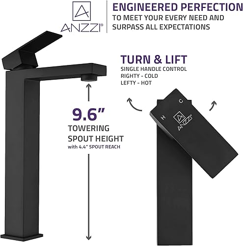 Miniatura 2 de ANZZI Enti solo agujero y sola manija grifo del fregadero del baño en negro mate  CUPC montado en cubierta un agujero sin plomo latón sólido grifo