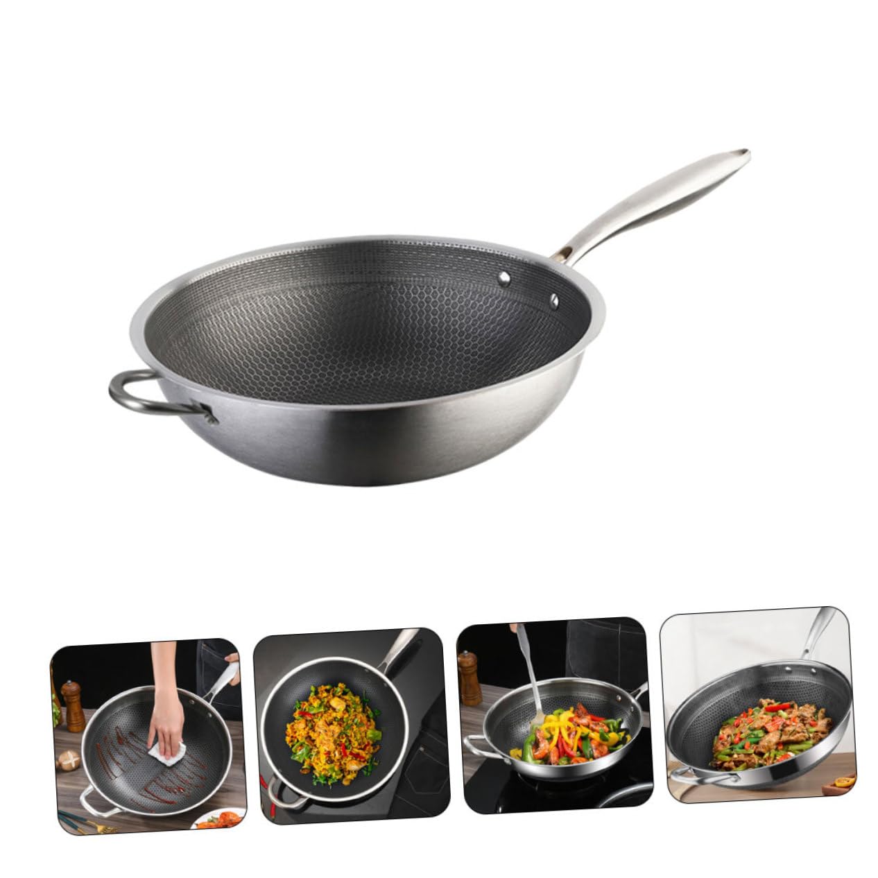 Uonlytech Wok in Acciaio Resistenti con Struttura a Nido d'Occhielli Antiaderente Manico Ergonomico Padella Tradizionale Cinese per Cucina a Induzione Resistente e Facile da Pulire
