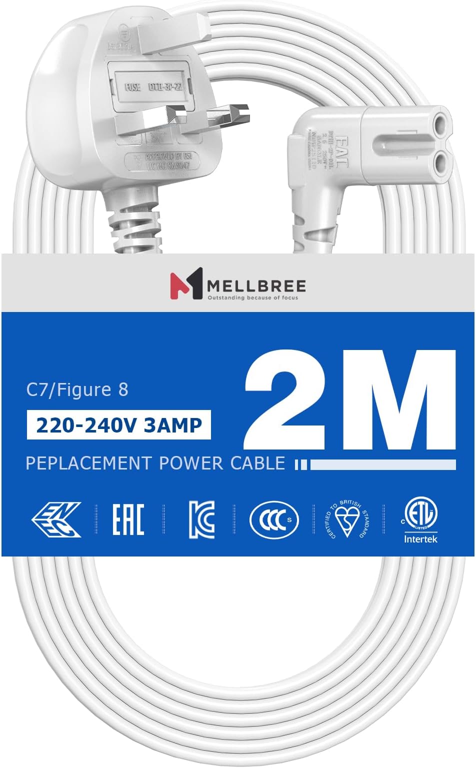 2M Power Cable Compatible with Samsumg TV, Mellbree Quality Safe Right Angle Suitable for Awkward Space Figure 8 Power Cable Compatible with Samsung, LG, Panasonic TV White
