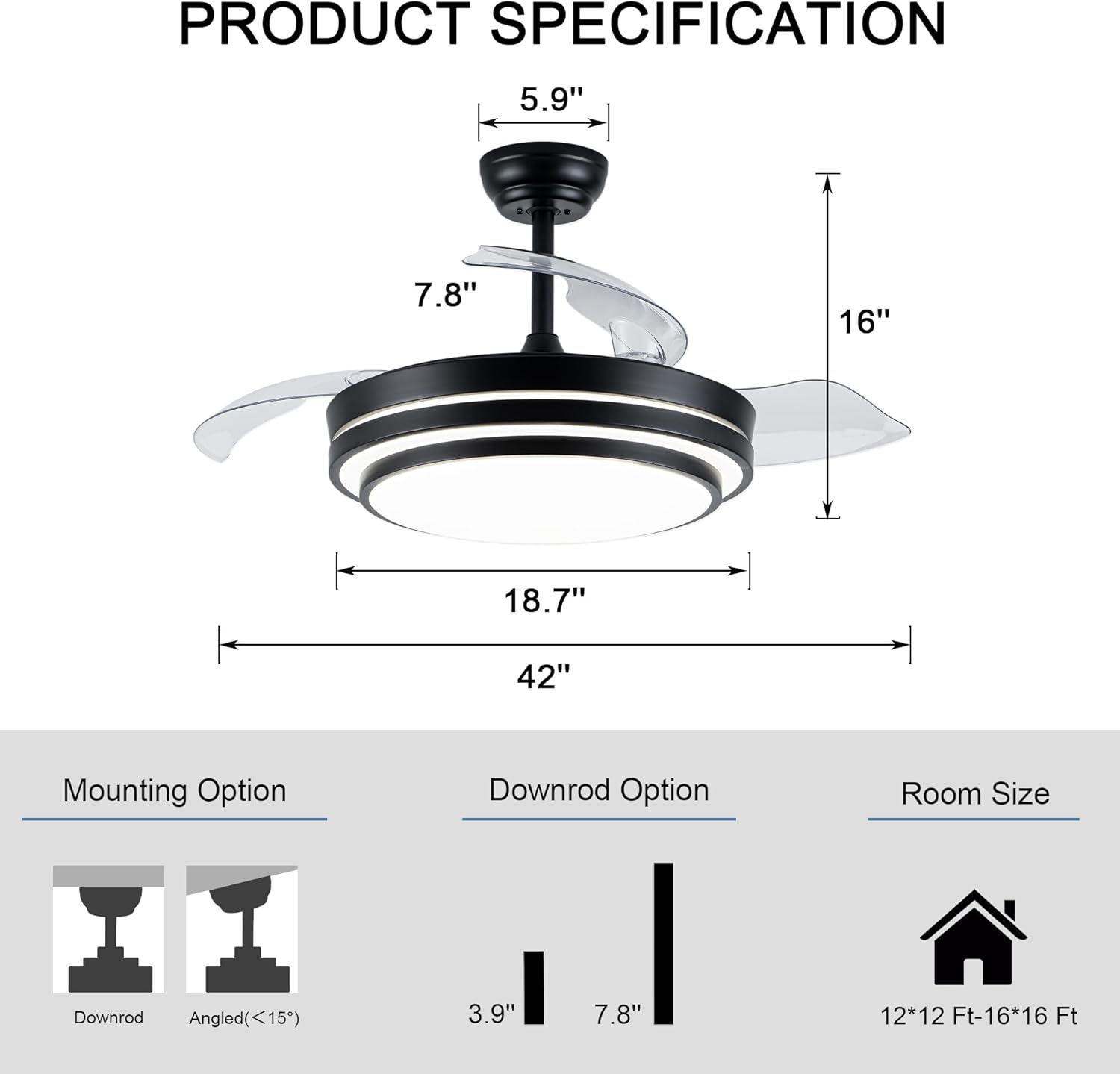 42 Inch Retractable Ceiling Fan with Lights Modern Fandelier Ceiling Fan Black Chandelier LED Light for Bedroom Living Room, 3CCT Reversible Quiet DC Motor, 6 Speeds
