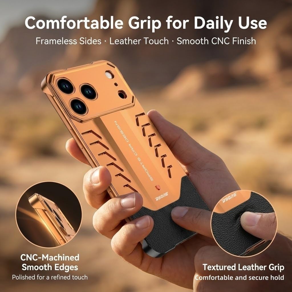 Supercar-Inspired Aluminum Case for iPhone 17/16 Pro Max / 17/16 Pro / 16 Plus, Frameless Metal Cover with Cooling Vents, Slide-to-Lock Spring Clamp, Slim Shockproof Protection(Silver,17 Pro)