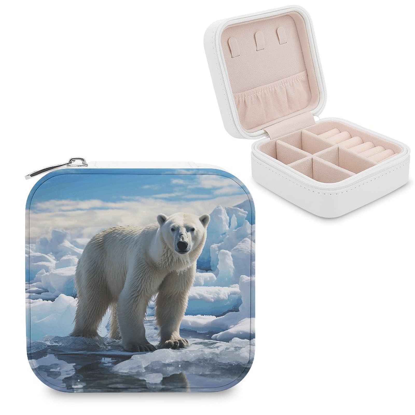 VstaDank Polar Bear Ice Travel Jewelry Case Zipper Portable Small Jewelry Box Custom Pu Leather Mini Traveling Jewelry Organizer for Rings Earrings Necklace Bracelet Girls Women
