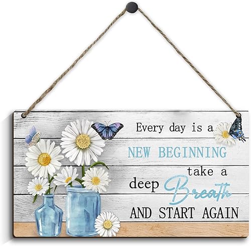 Letrero de madera inspirador (10.2 x 5.2 pulgadas), decoración colgante de margaritas con frases motivacionales, colorido letrero colgante de