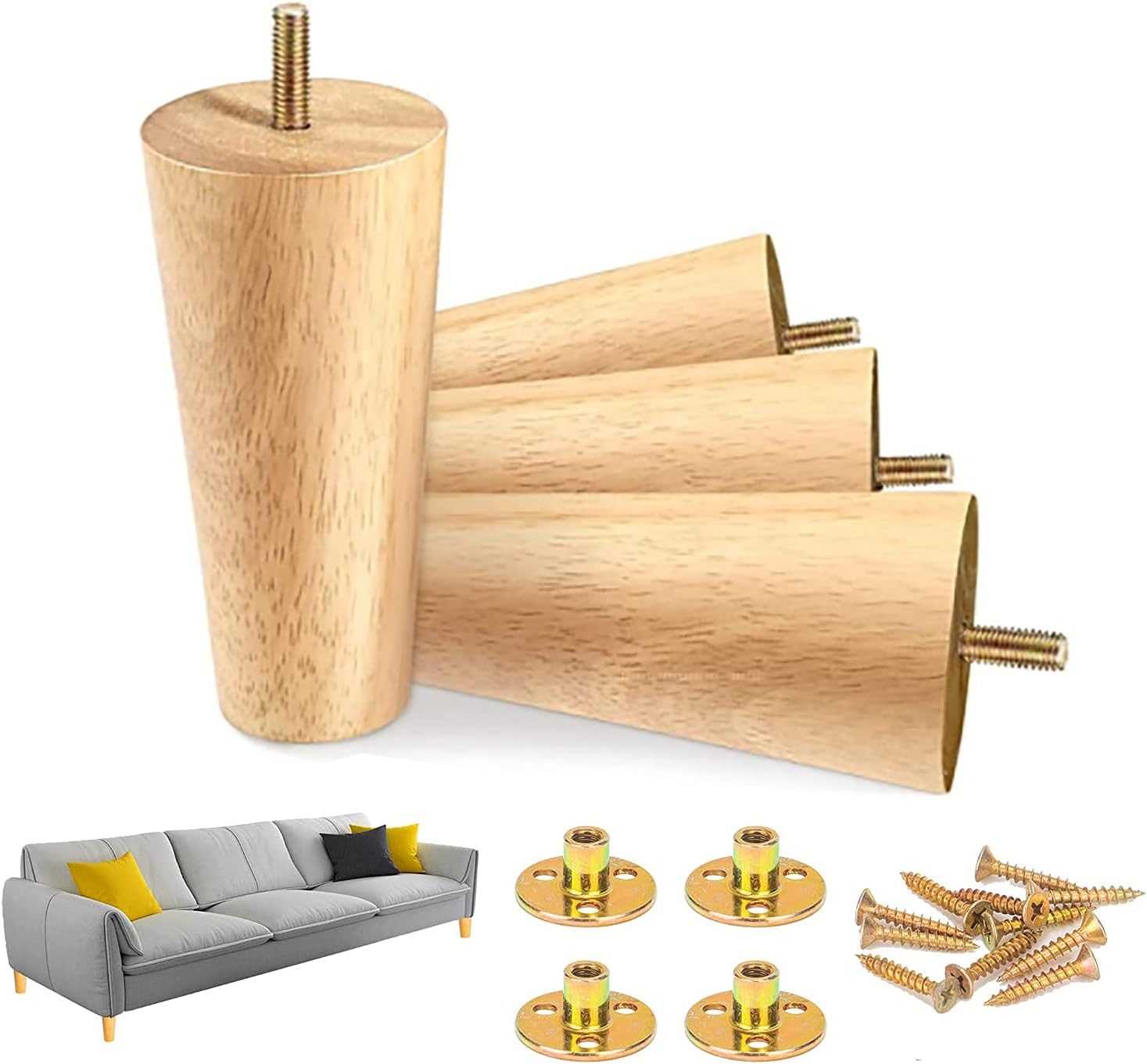 T&Q Wood Furniture Legs 18M - Wooden Coated Tapered Replacement Legs with Mid-Century Modern Style for Sofa, Couch, Recliner, Futon, Bed, Dresser. Bench and Cabinet Set of 4 (Straight)