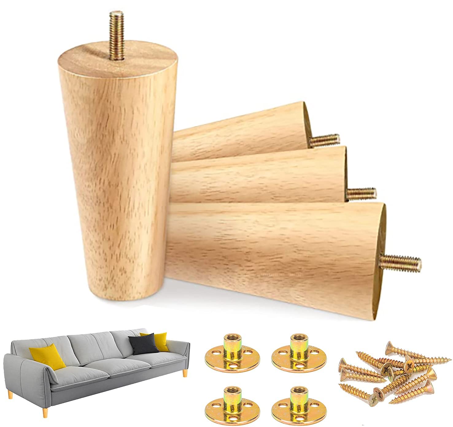 T&Q Wood Furniture Legs 18M - Wooden Coated Tapered Replacement Legs with Mid-Century Modern Style for Sofa, Couch, Recliner, Futon, Bed, Dresser. Bench and Cabinet Set of 4 (Straight)