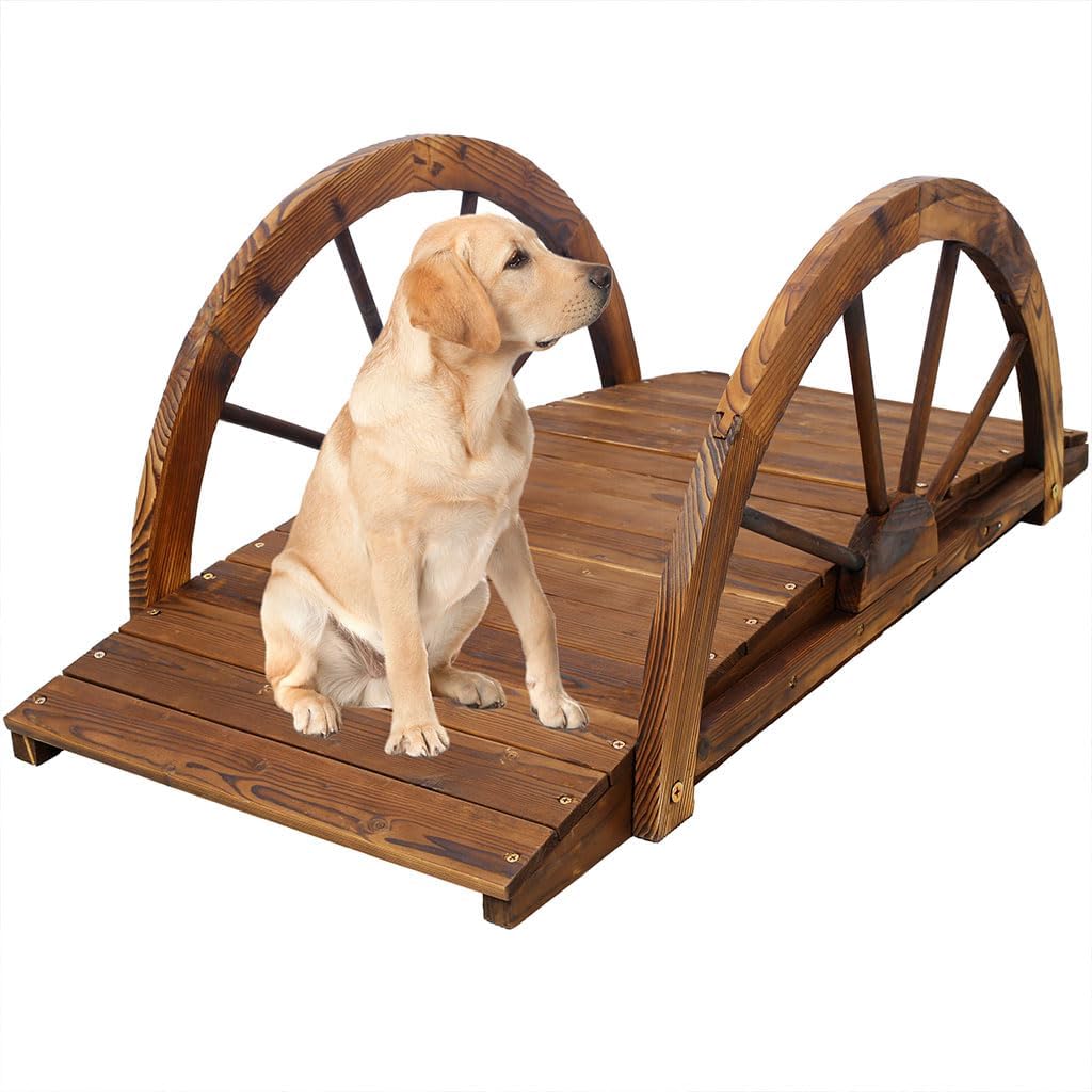 3.3FT Garden Bridge, Wooden Garden Bridge Arc Footbridge with Half-Wheel Style Railings & Solid Fir Construction, Decorative Wooden Bridge Landscaping for Backyards, Gardens, & Streams