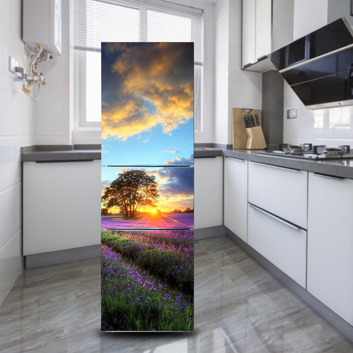Fridge Sticker, Fridge Sticker Full Covering Door Covers Decor, Freezer Skins Wall Stickers for Kitchen Decal, Purple Lavender Sunset Scenery(M: 60x180 cm)
