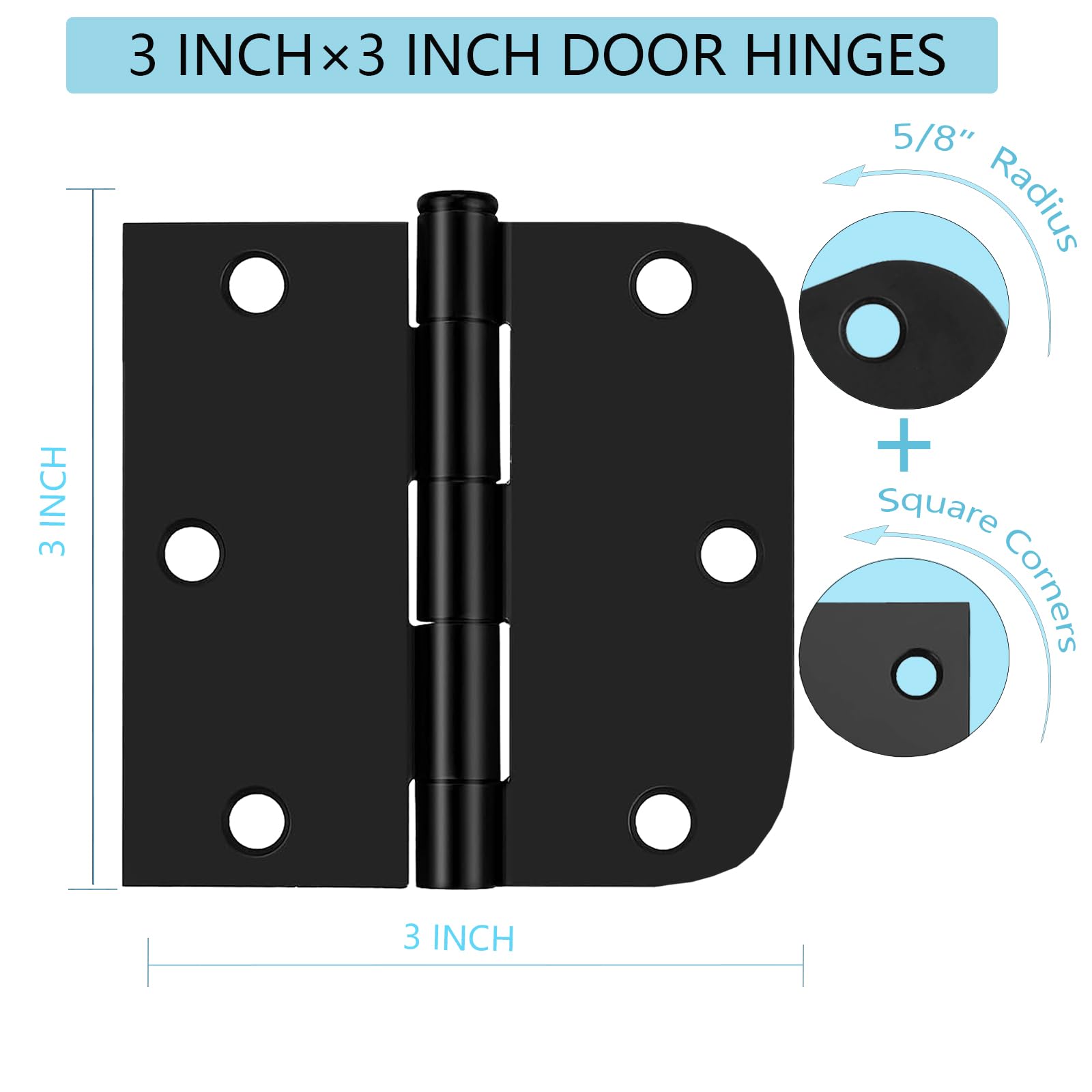 Matte Black Door Hinges,6 Pack Exterior Hinges Doors,3x3 Inch Black Interior Doors Hinge with Square & Round Corners Durable Steel Hinge Door Hardware - 5