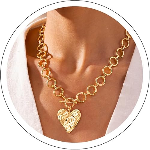 Robaice Mothers Day Gifts Chunky Gold Heart Necklace for Women，14K Gold Plated Chunky Heart Pendant Bold Chain Necklace with Toggle Clasp，Waterproof Non Tarnish Hypoallergenic Chunky Statement Jewelry Gift for Women