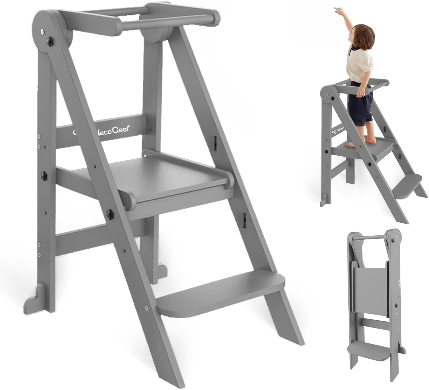 Foldable Toddler Tower, 3 Adjustable Height Toddler Standing Tower, Wooden Kids Kitchen Stool Helper with Safety Rails, Space Saving Kids Step Stool - Ages 18 Months to 6 Years