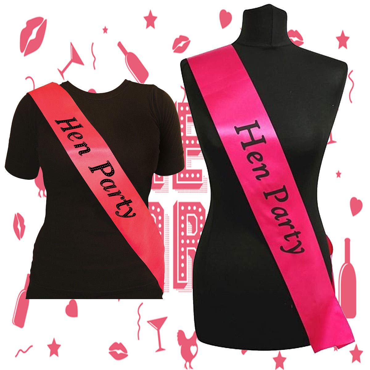 Deluxe HEN PARTY SASHES Girls Night Out Accessory Pink Wedding Sash Pack Lot NEW UK by Lizzy® (Hot Pink with Black Text, Pack of 10)