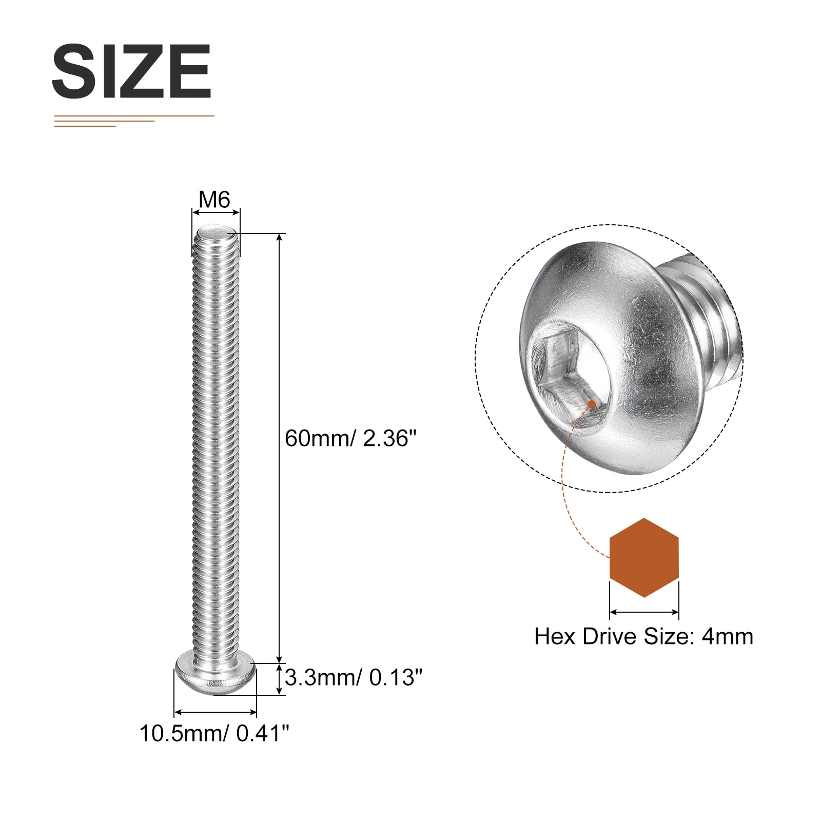 DTGN M6-1x60mm Button Head Socket Cap Screws - 10Pack - Good for Machine - 304 Stainless Steel 18/8 - Hex Drive Full Thread Fasteners - Image 2