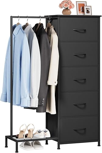 Somdot Cómoda con estante para colgar, armario pequeño de 5 cajones para dormitorio, cómoda reversible con perchero, cómoda para niños para Negro