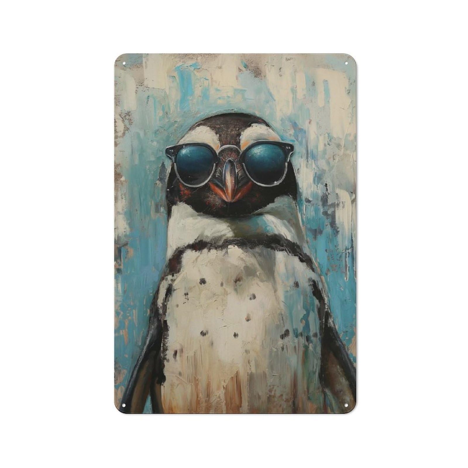 Junmoney Style-19 Retro Metal Sign With Cool Penguin Sunglasses Design 30X20cm, Weathered Look Shed Wall Plaque For Garage, Workshop, Shed Or Utility Room