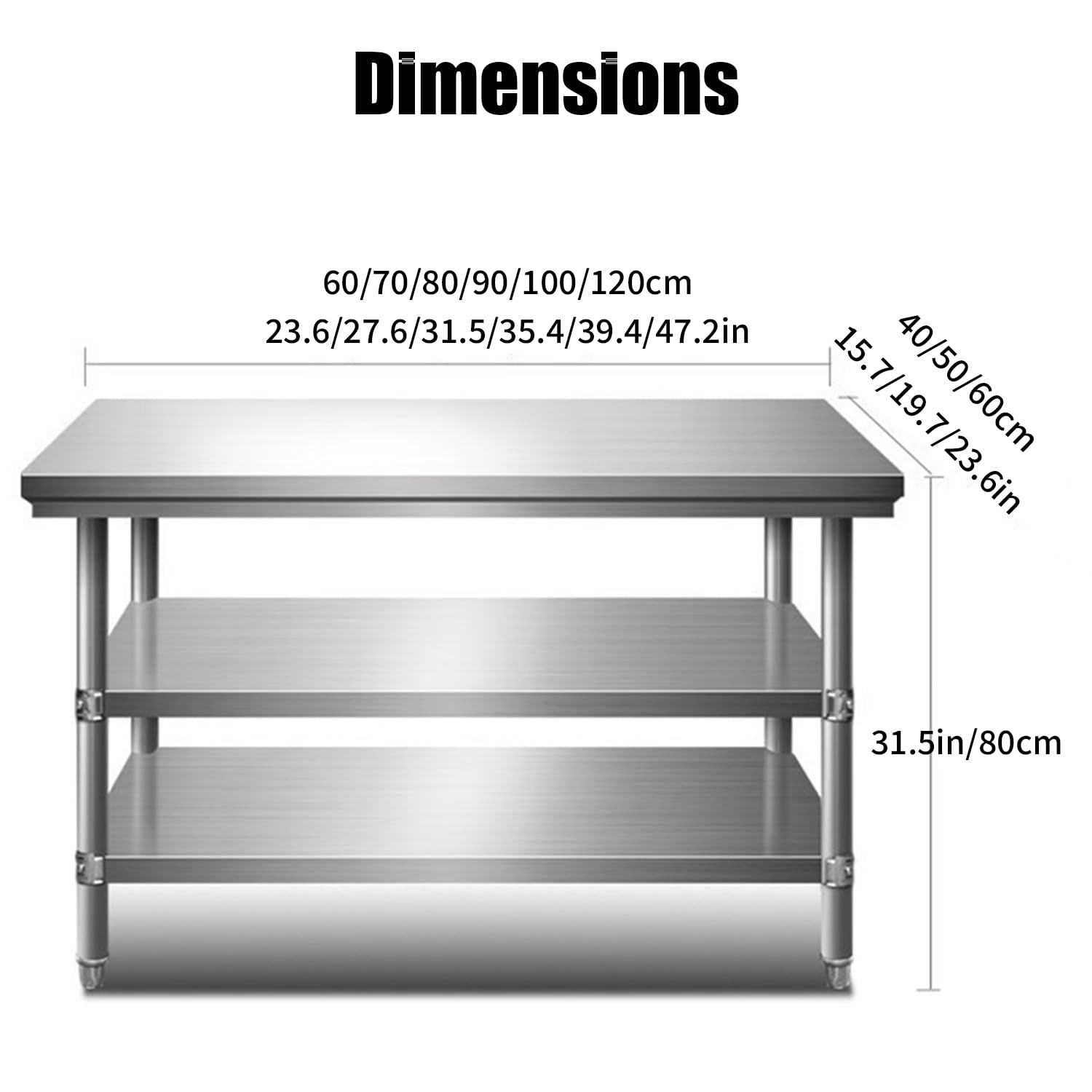 Tavolo Inox da Preparazione A 3 Ripiani, Tavolo da Cucina Commerciale con Ripiano Portaoggetti, Scaffale in Metallo, Banco da Lavoro in Acciaio per Ristoranti, Casa, Garage,90x60x80cm
