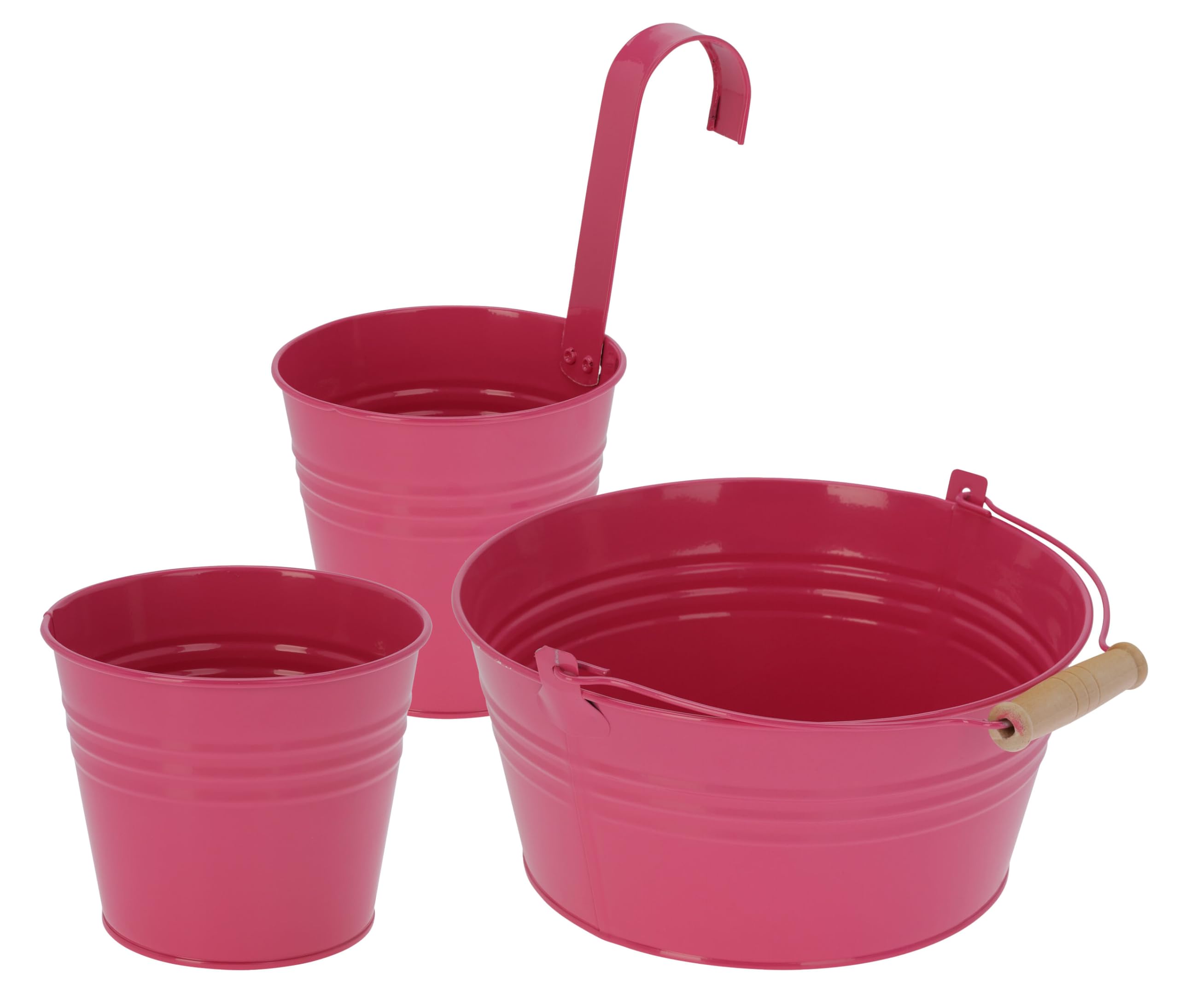 Muddy Hands Set of 3 Colourful Zinc Metal Plant Pots - Hanging, Pot & Bowl Planters - Decorative Indoor Outdoor Flower & Herb Garden Planters (Pink)