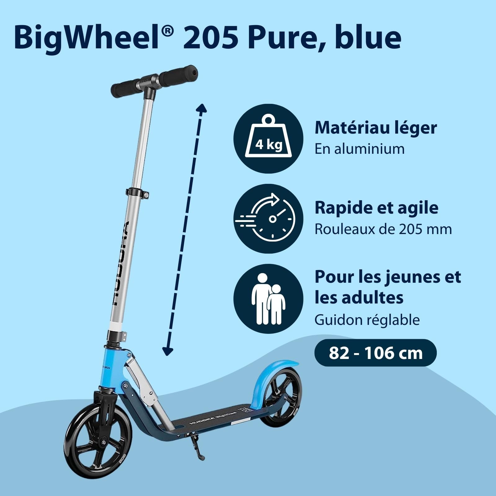 HUDORA BigWheel Scooter Pure - Trottinette stable en aluminium avec béquille - Réglable en hauteur et pliable pour jusqu'à 100kg - Jeunes et adultes
