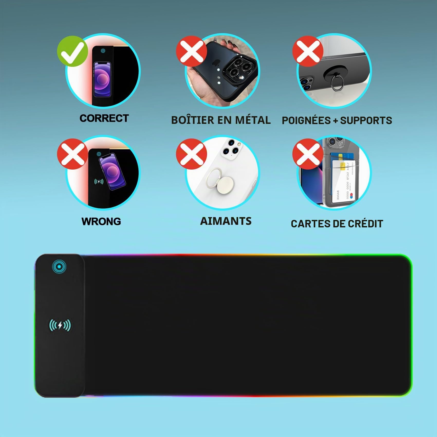 Tapis de Souris de Jeu RGB avec Charge sans Fil 15W, 14 Modes d'éclairage LED, Taille XXL 800x300x4mm, Base en Caoutchouc antidérapante pour Gaming, MacBook, PC