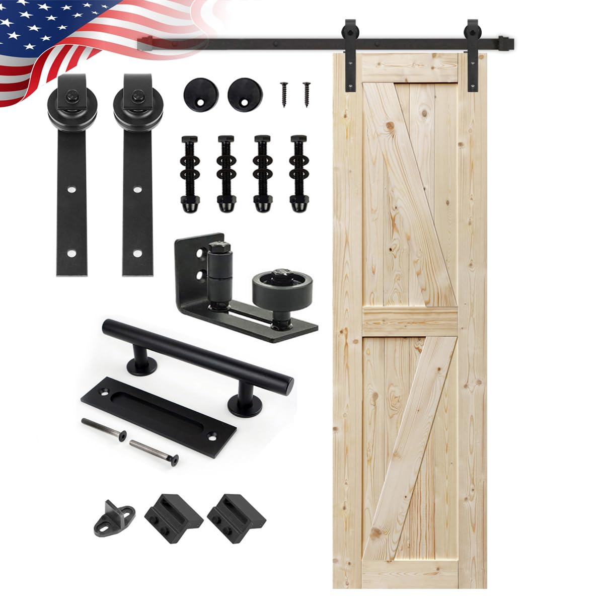 S&Z TOPHAND 24 in. x 84 in. Unfinished British Brace Knotty Barn Door with 5FT Sliding Door Hardware Kit/Solid Wood/Sliding Door/Double Surfaces/A Simple Assembly is Required (24, Door+J Shape)