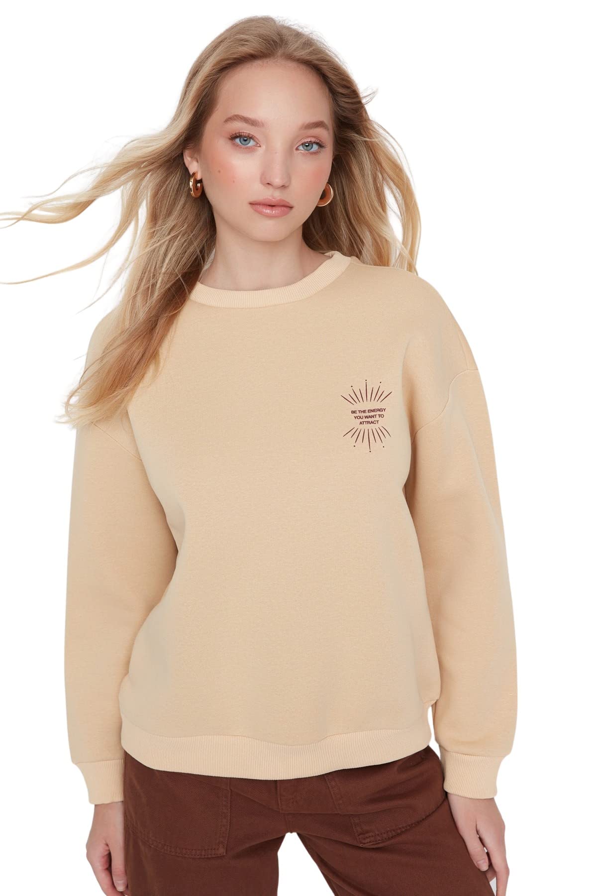 Trendyol Damen Beige Einfarbig Tailliertes Mit Rundhalsausschnitt Sweatshirt, Xs Eu