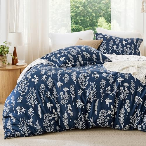 Image of Bedsure Queen Comforter Set - Navy Bed Set, 3 Pieces Cute Floral Bedding, 1 Soft Reversible Botanical Flowers Comforter and 2 Pillow Shams