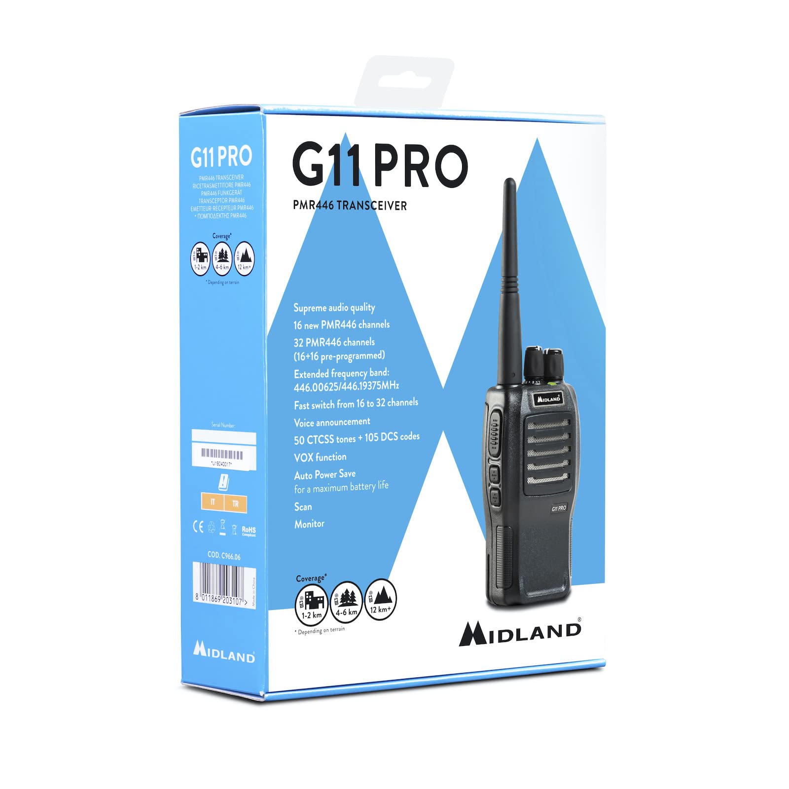 Midland G11 Pro C966.06, Walkie Talkie Transceiver Radio Z Pasmem PMR446, 32 Kanały PMR446, Bateria Ładowalna, Ładowarka Z Adapterem Biurkowym I Klipsem Na Pasek, 2 Wtyki Kenwood, Czarny