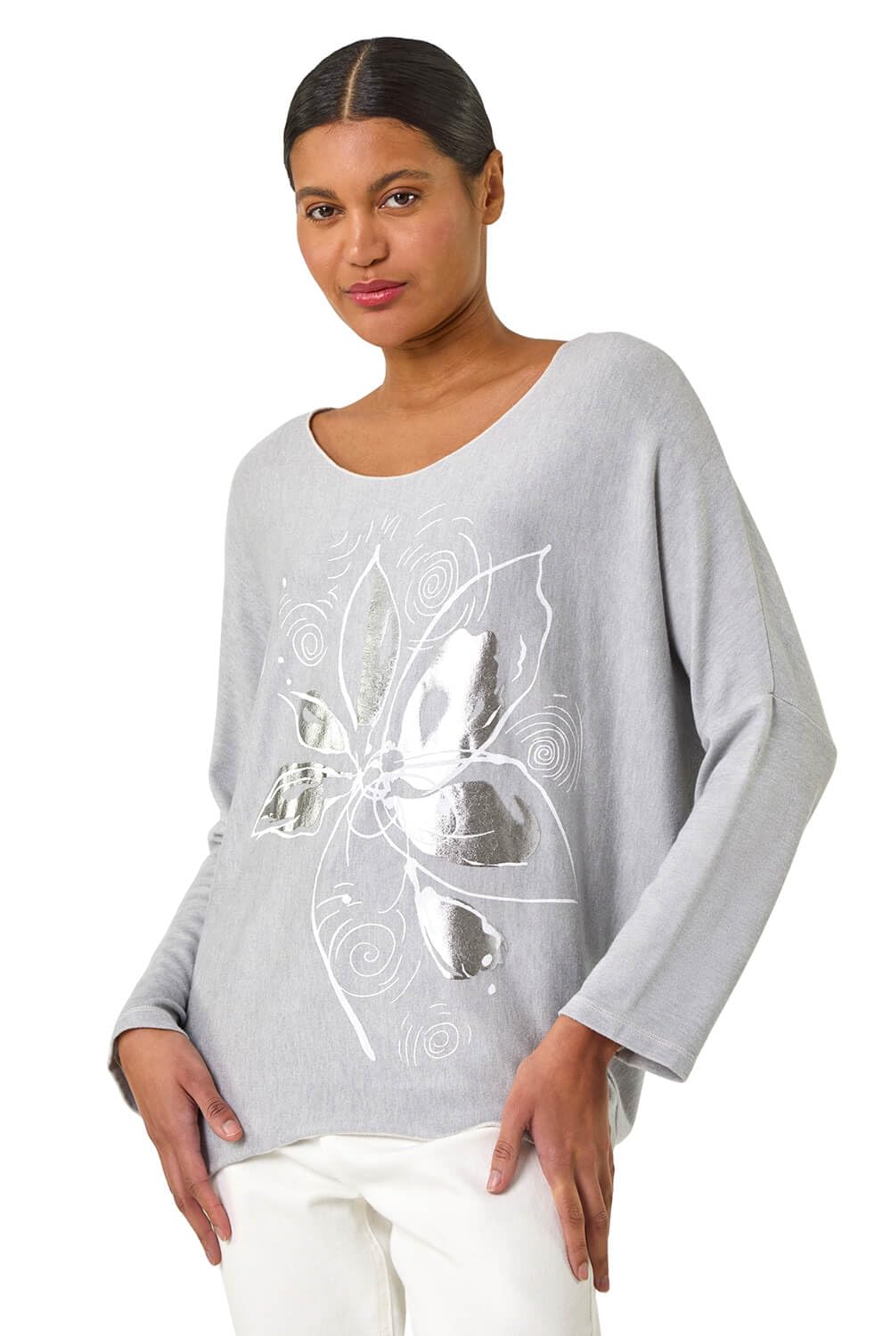 Roman Originals Women's Grey All Over Floral Print Snit Top For Uk - Everyday Holiday Spring Summer Round Neckline Comfy Soft Evening Vacation Work Party - Size L