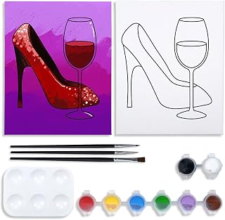VOCHIC Pre Drawn Canvas for Painting for Adults Paint and Sip Kit Pre Printed Canvas to Paint Party Supplies 8x10 inch Girl High Heels Glass 8 Colors,3 Brush,1 Pallet Art Set