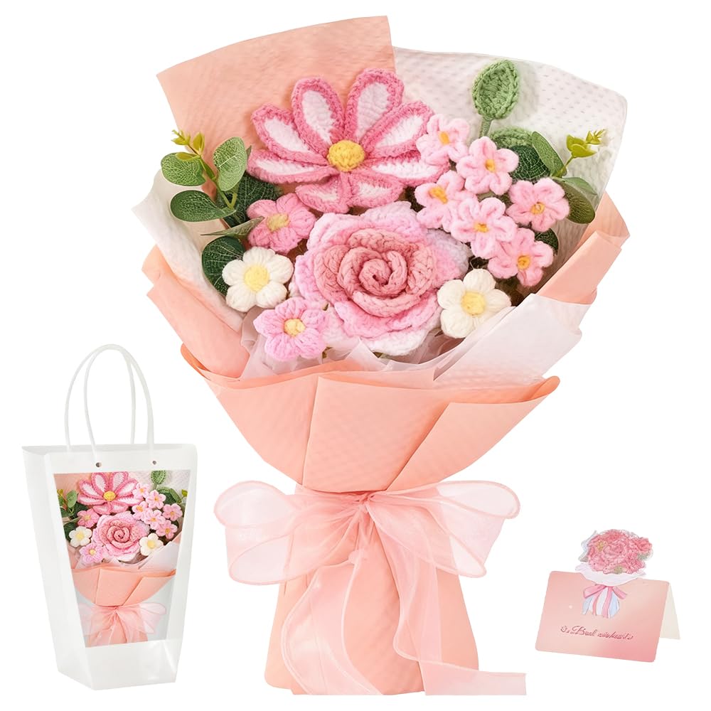 Crochet Flowers Bouquet, Handmade Crochet Flower Bouquet with Gift Bag & Card, Knitted Flowers Gelsemium, Rose, Forget-me-not for Mom/Anniversary/Graduation/Home Decoration/Wedding (Pink)