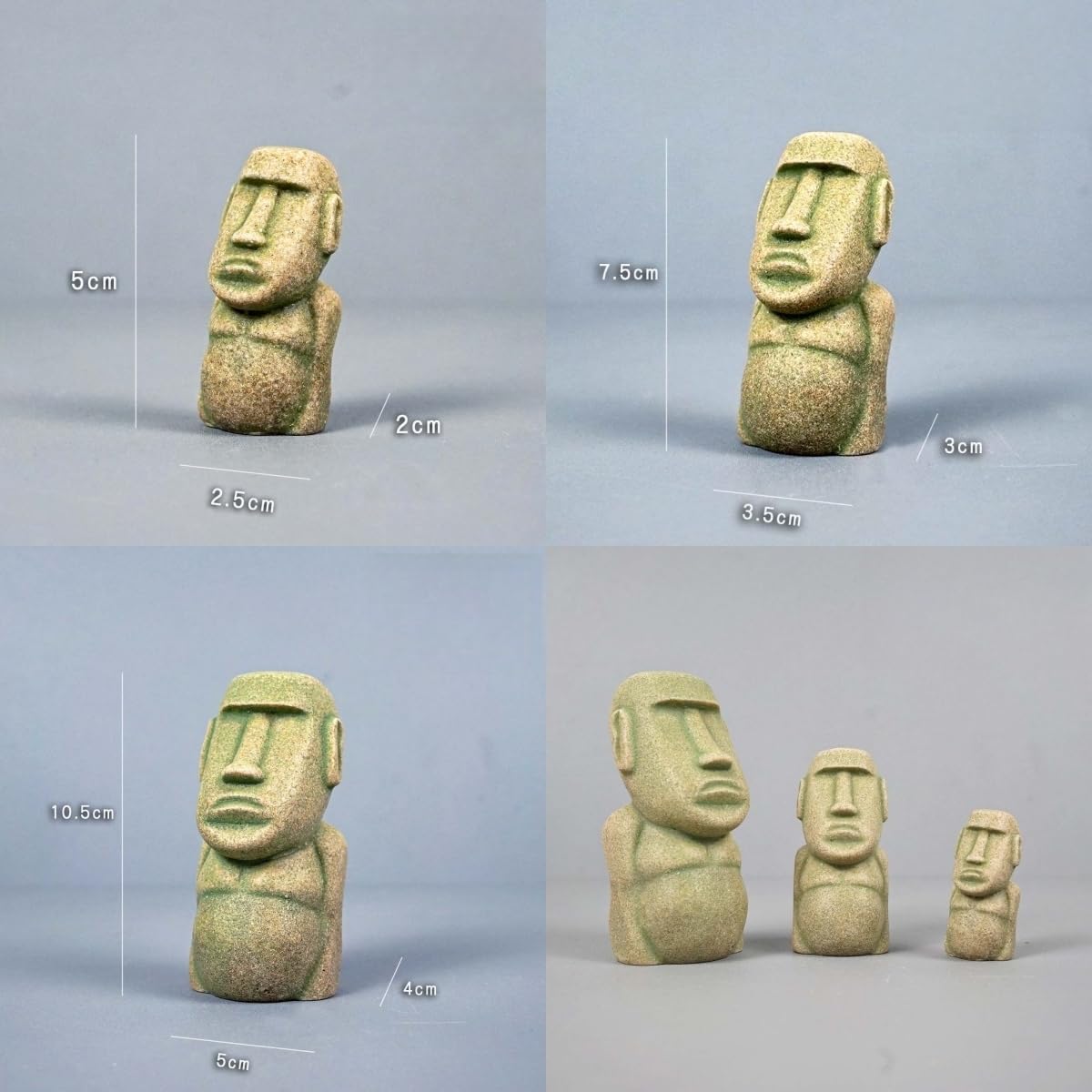 Moai Figuren 3er-Set, Sandstein-Harz Steinoptik – Aquarium & Tischdeko, Groß Mittel Klein (1x Steingrau + 1x Moosgrün)