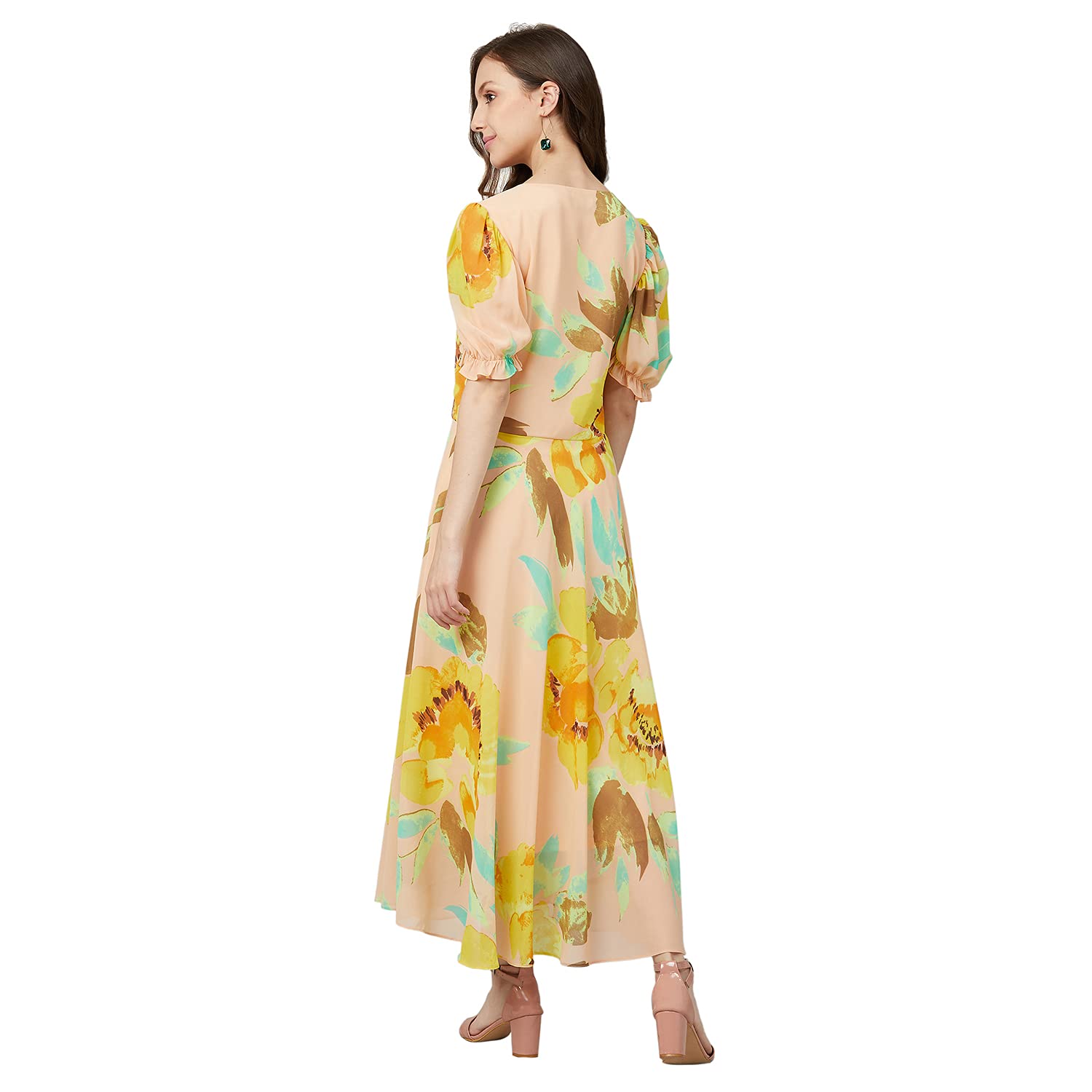 Rare Women's Georgette Fit And Flare Midi Casual Dress (Ep6504_Yellow_Medium)