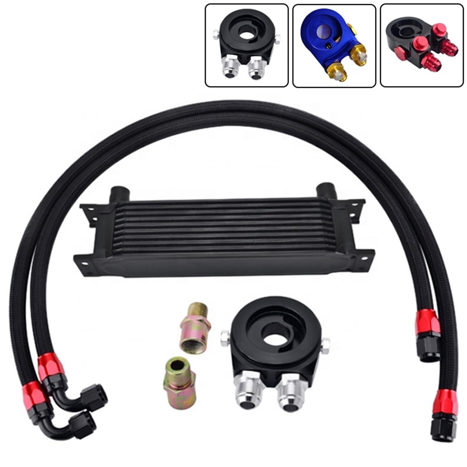 Kit Universal de Enfriador de Aceite de 10 Filas, Adaptador sándwich para Filtro de Aceite, Manguera AN10 Trenzada de Nailon y Acero Inoxidable.