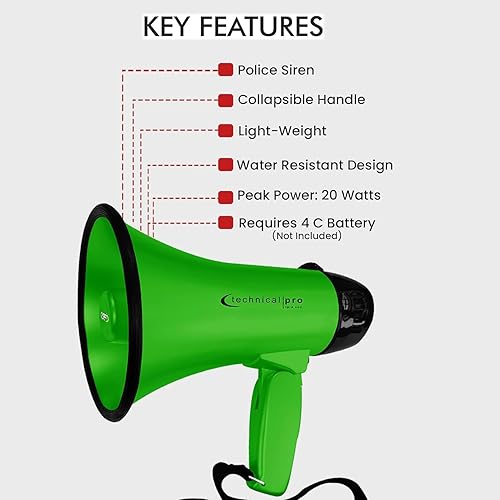 Miniatura 23 de Technical Pro Megáfono de megáfono portátil ligero de 20 vatios con correa, sirena y control de volumen, bueno para entrenadores, fútbol, fútbol