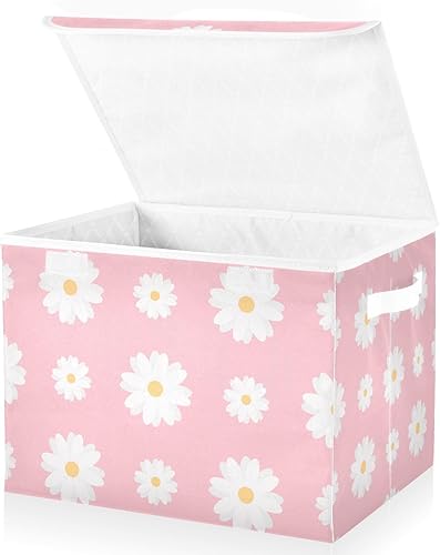 Chamomile-white-flowers-print Large Foldable Storage Bin with Lid, Fabric Storage Boxes with Handles, for Shelves Closet Home Bedroom Office. Chamomile-white-flowers-print Large Foldable Storage Bin with Lid, Fabric Storage Boxes with Handles, for Shelves Closet Home Bedroom Office.