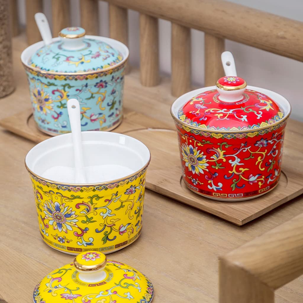 ULTRAWAVE Barattolo per condimenti in ceramica smaltata colorata barattolo per condimenti in stile cinese con coperchio, barattolo per olio e sale, per uso domestico, olio di peperoncino, condimento