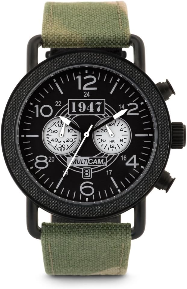 Multicam Men's Tactical Chronograph Military Watch with Camo Band Strap Set - Featuring Stainless Steel Case, Black Face, Sub Dials, Second Hand, Date, Luminous Glow, Water Resistance, and Gun Case
