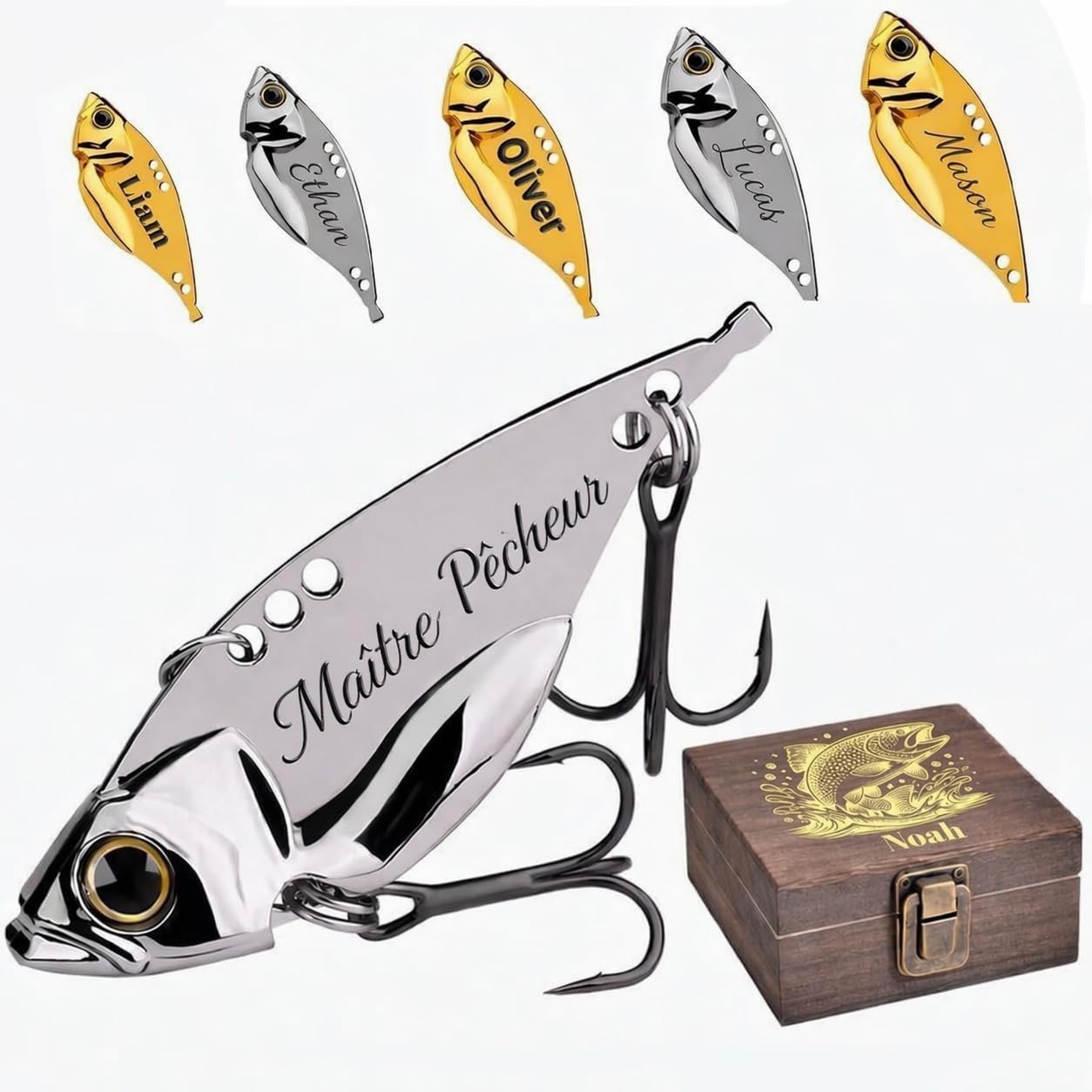 Cadeau Fete des Peres Leurre Peche Personnalisé avec Texte Gravé Cadeau de Pêcheur Hamecon Peche avec Boîte en Bois Accessoires de Pêche pour Homme Papa Cadeaux pour Anniversaire
