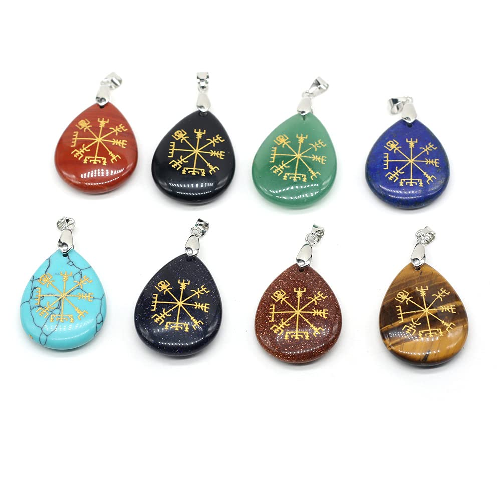 LHJ 5 Pcs Natural Waterdrop Shape Stone Pendants Ancient Viking Odin Rune Symbol Amulet Crystal for Jewelry Making Protection