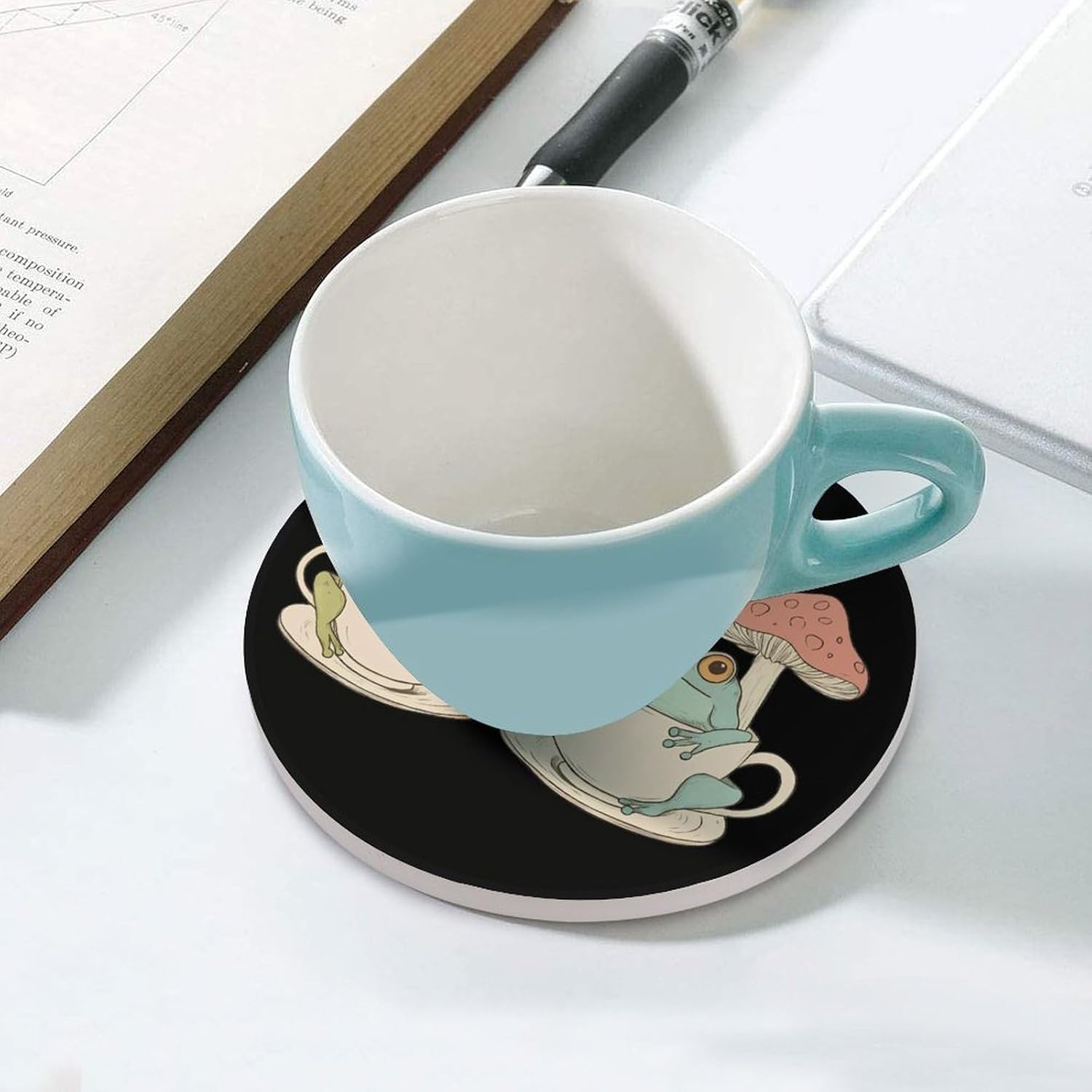 Teacups Frogs Mushroom Round Ceramic Coasters for Drinks Absorbent Cup Holder Tabletop Protector with Cork Base