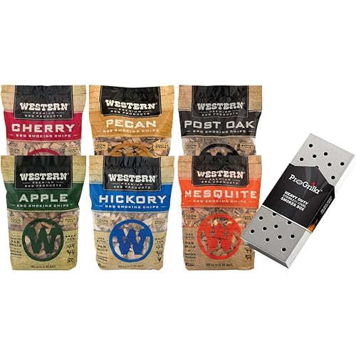 Western BBQ Premium‎ Wood Smoking Chips Variety (Pack of 6) Bundled with ProGrilla Smoker Box
