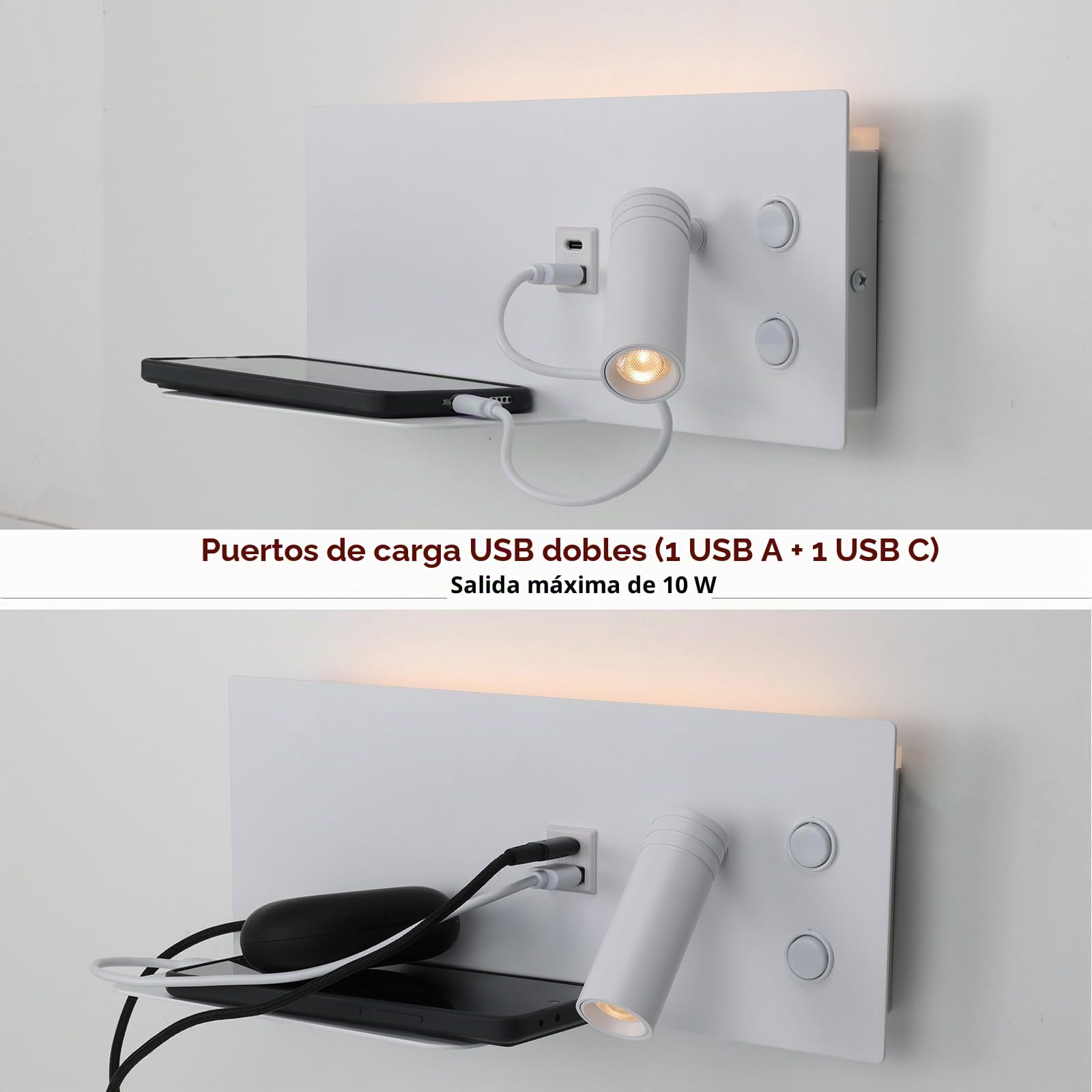 Alpinaluz Aplique de Pared LED Blanco con Foco Derecho Orientable para Dormitorio Cabecera, Luz Ambiental 2700K, Carga USB-C + USB-A, Repisa Metálica y Interruptores Independientes
