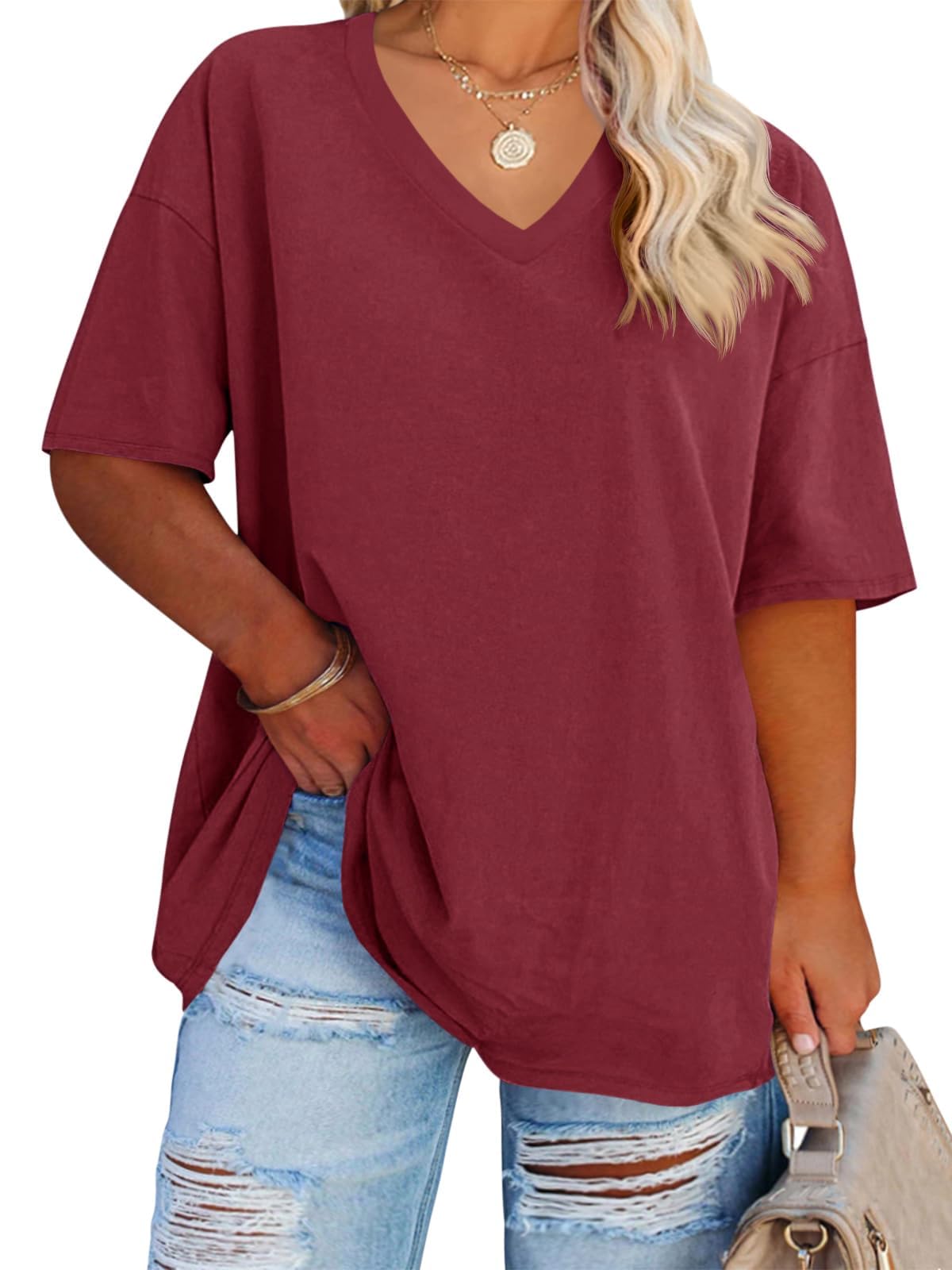 Fisoew Damen Große Größen T-Shirt Halbarm Shirt mit V-Ausschnitt Sommer Lose Basic Oberteil Oversize Kurzarm Baumwolle Tee Tops(Weinrot, XXL)