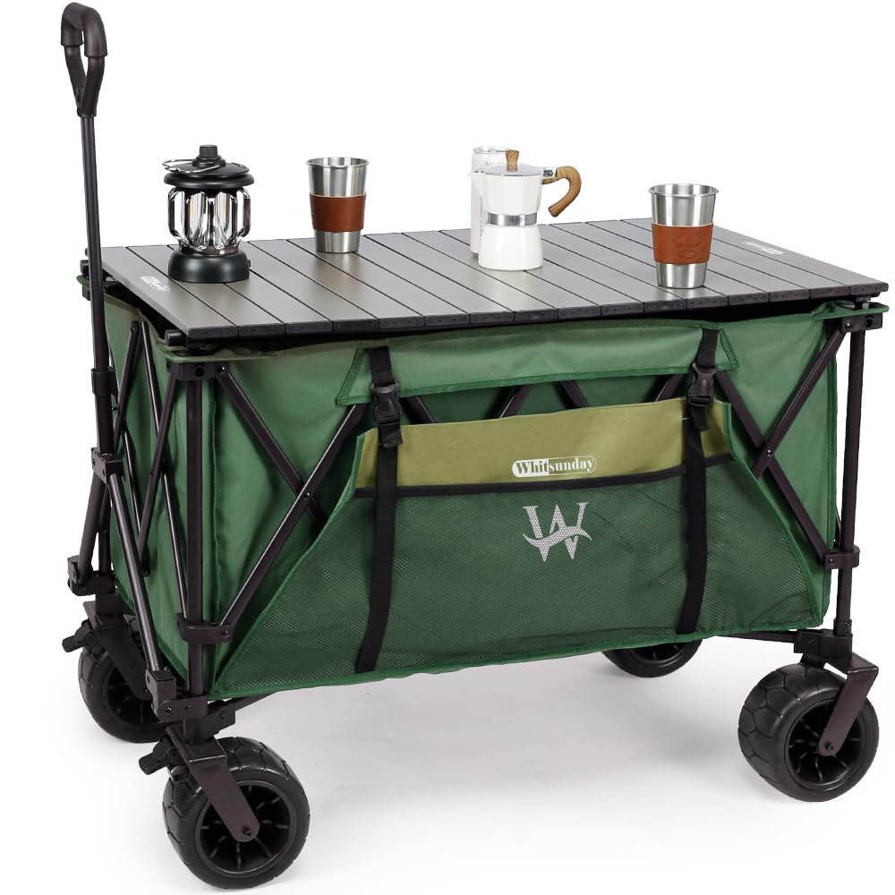 Whitsunday Folding Collapsible Wagon,440Lbs Heavy Duty Foldable Utility Camping Wagon Cart with Table and All Terrian Wheel for Beach,Outdoor Green
