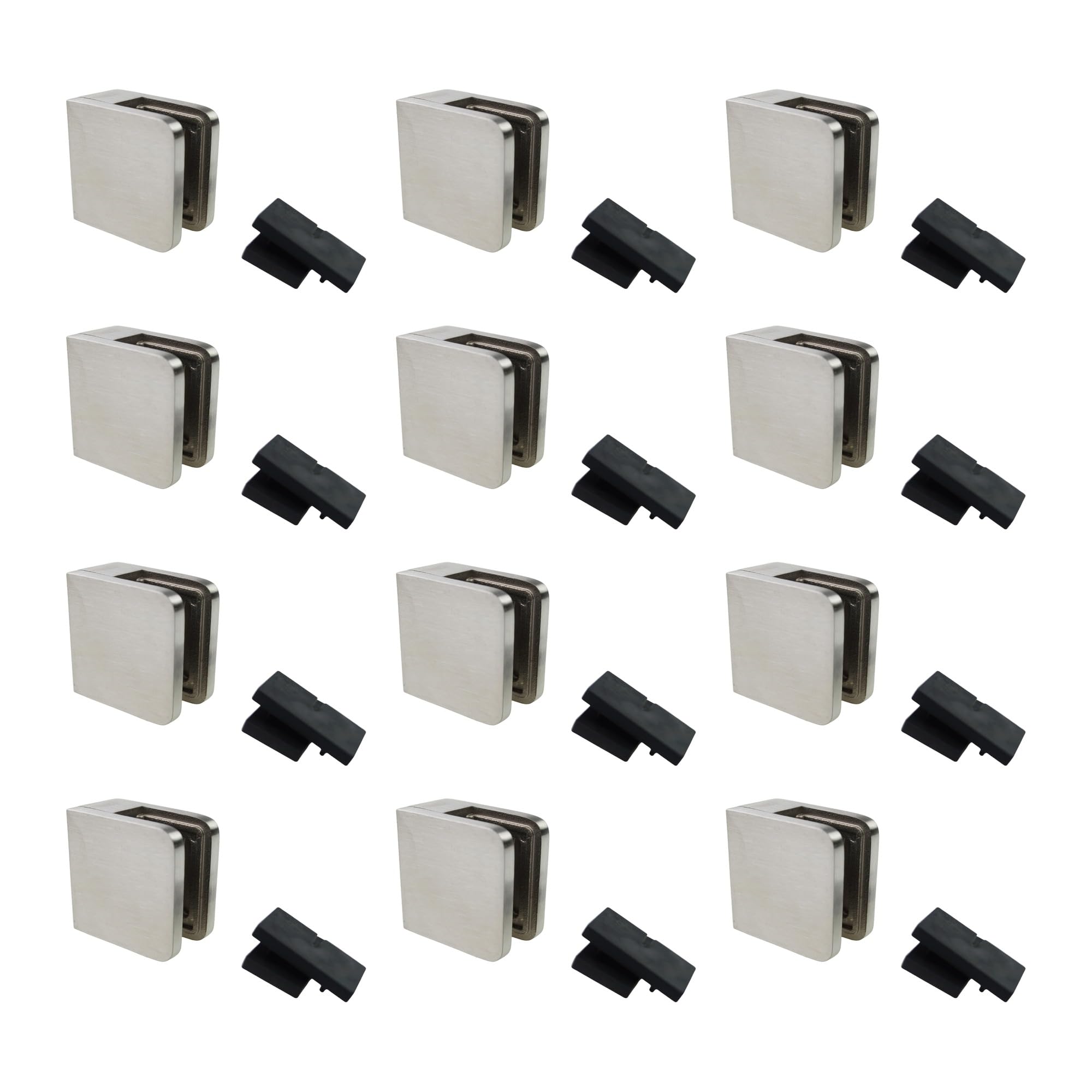 Sellon24 Zacisk szklany ze stali nierdzewnej V2A prostokątny 45 x 45 x 26 mm do szkła 8,76 mm - 12 sztuk uchwytów na szkło, model 23, przyłącze płaskie, szlifowane, w zestawie 24 wkładki gumowe i 24